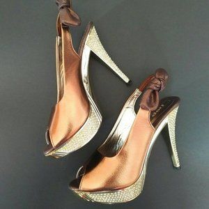 NEW GLAM Bronze & Crystal Peep-Toe Slingback Sandals, 7